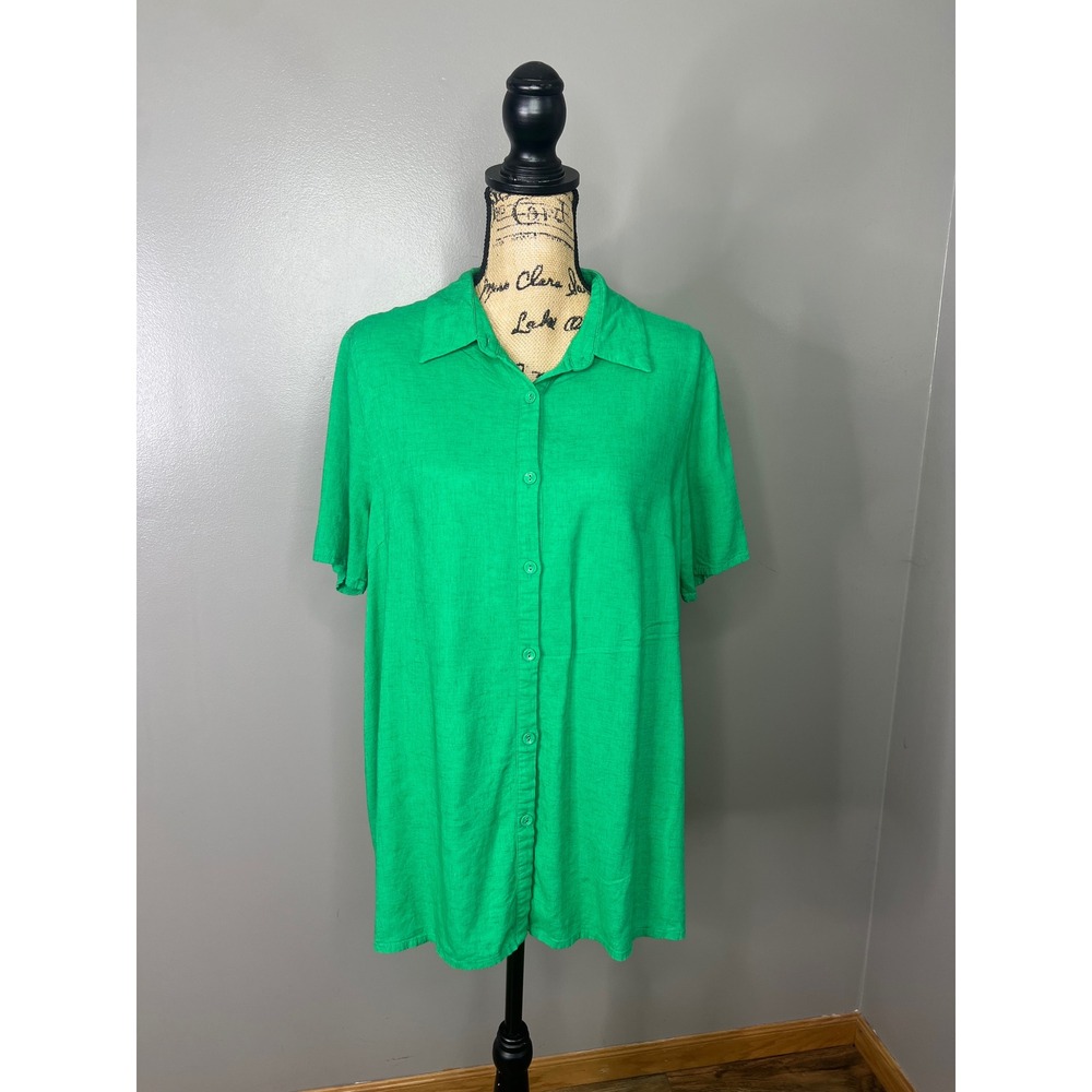 Princess Polly Green Rayon Linen Blend Short Sleeve Button Down Shirt‎ oversized